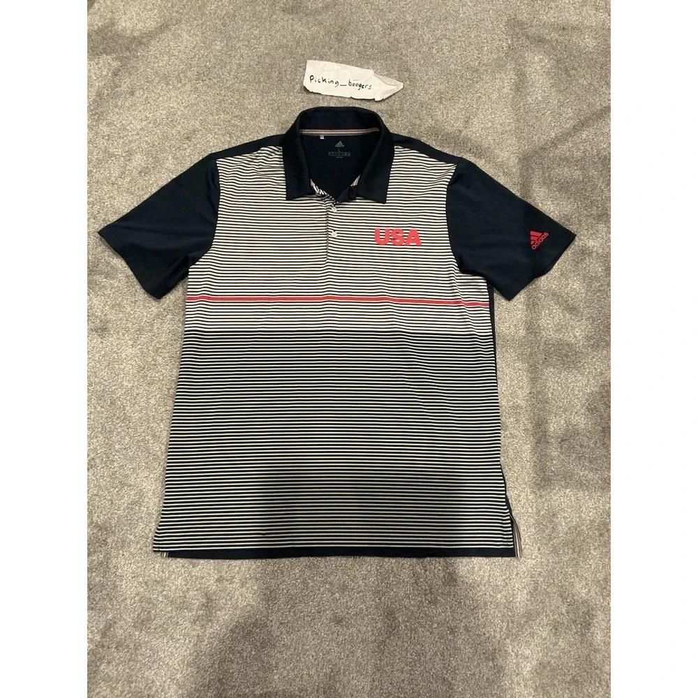 Adidas Golf Polo Shirt Mens LARGE Navy Blue Gray Red USA Logo Striped
